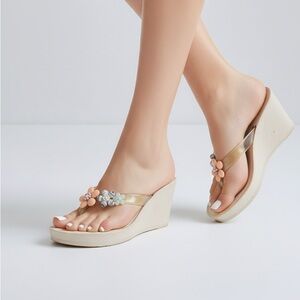 BCBGeneration Floral Jelly Wedge Sandals | Beige Platform Flip Flops